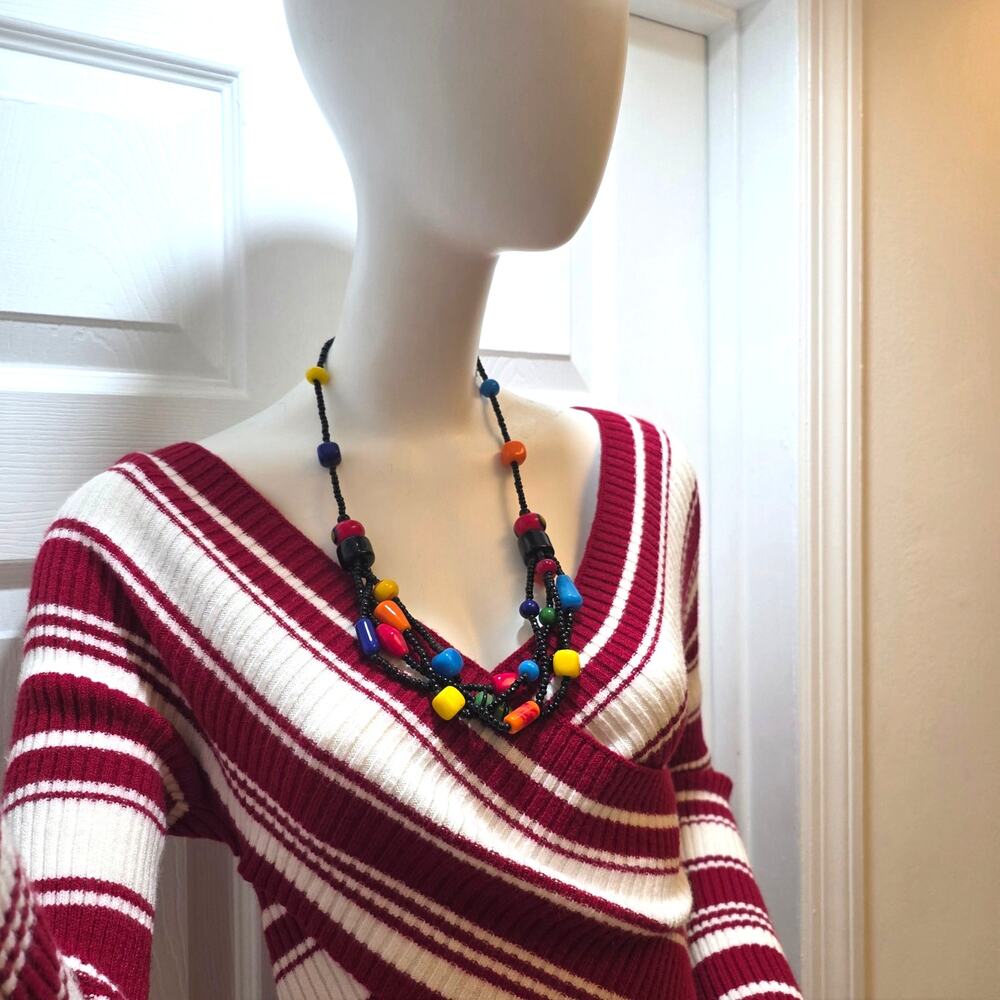 Vibrant Multi-Strand Statement Handcrafted Colorful Glass Beaded Ethnic Necklace - Picture 5 of 5